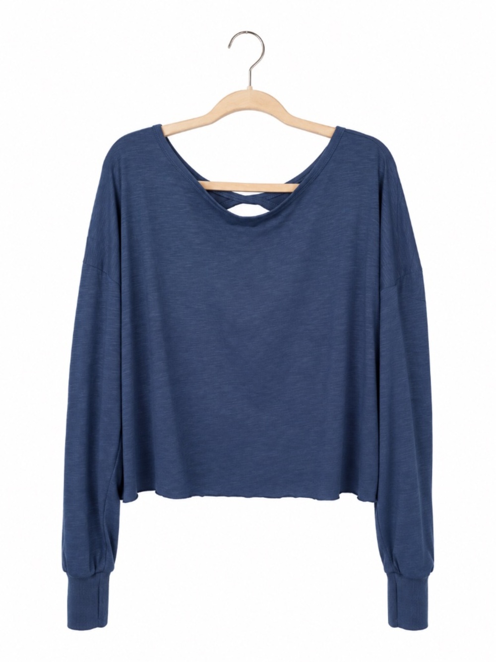 NWT LASLULU Open Cutout Back Long Sleeve Crop Top Thumbholes Navy Blue L